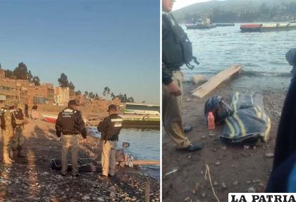  Efectivos policiales realizan el levantamiento del cadáver de las orillas del lago Titicaca /El Deber.