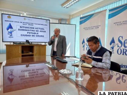Ejecutivos de SeLA brindan explicación a la prensa sobre la situación del agua en Oruro /LA PATRIA