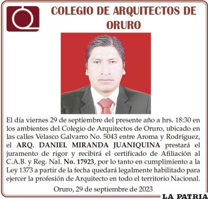 ARQ. DANIEL MIRANDA JUANIQUINA