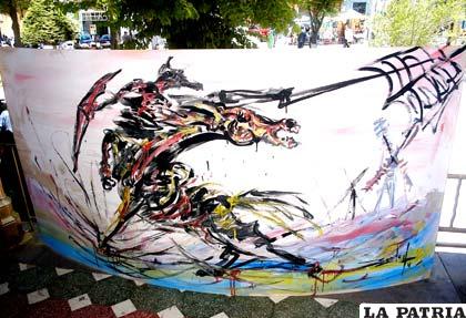 Obra pictórica en la que se representa a Don Quijote de la Mancha peleando con los molinos