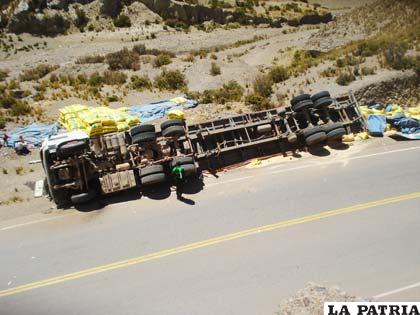 El camión y su carga en un costado de la carretera