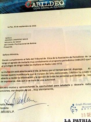 La nota de invitación que presentó Amalia Pando dirigida a la ministra Campero
