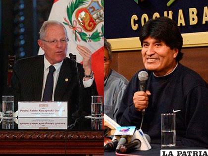 El Presidente Evo Morales (Der.), y su par peruano Pedro Pablo Kuczynski (Izq.) /peru.com