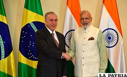 Presidente de Brasil, Michel Temer, y el primer ministro indio, Narendra Modi
