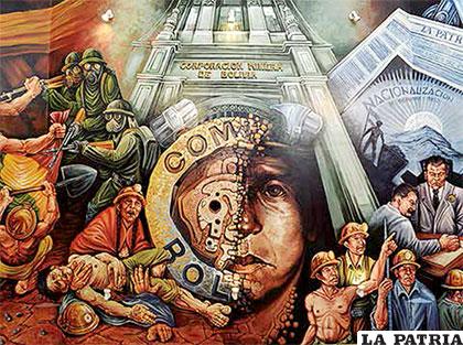 Es el interesante mural de Comibol, pintado por  los artistas William Luna y Jesús Callizaya. Sobresale en el ángulo superior derecho una alusión al matutino LA PATRIA. Esta publicación es un homenaje a la entidad estatal minera
