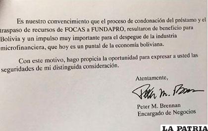 Imagen de la carta enviada por el gobierno de EE.UU. sobre caso Focas /IBCE