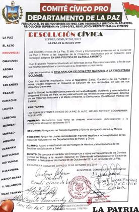 Este es el documento firmado por cívicos de La Paz y Cochabamba /LA PATRIA