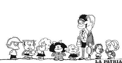 Felipe, Manolito, Susana, Mafalda, Libertad, los padres de Mafalda, Guille y Miguelito