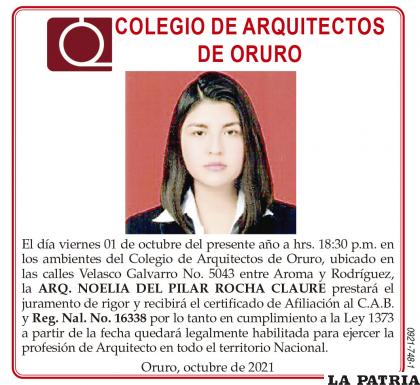ARQ. NOELIA DEL PILAR ROCHA CLAURE