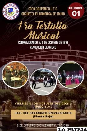 Afiche oficial de la “1ra Tertulia Musical” del Coro Polifónico y orquesta Filarmónica de la UTO /RR.SS.
