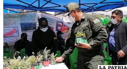 El comandante departamental de la Policía de Oruro, Limberth Oporto durante el acto por el Día del Árbol 
/Policía