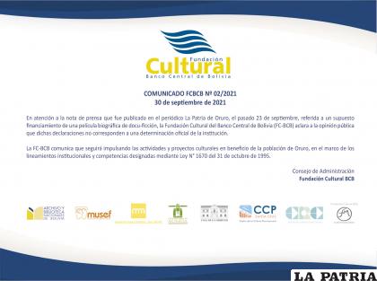 COMUNICADO FCBCB No 02/2021 - Fundación Cultural Banco Central de Bolivia