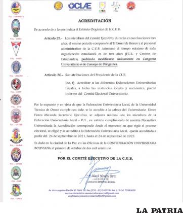 Documento de acreditación de la CUB /Elmer Flores