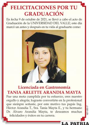Licenciada en Gastronomía Tania Arlette Arandia Mayta