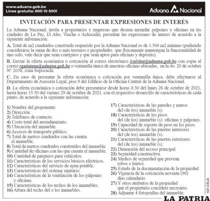 www.aduana.gob.bo - Linea gratuita 800 10 5001