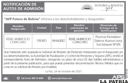 Notificación de Autos de Admisión - AFP Futuro de Bolivia
