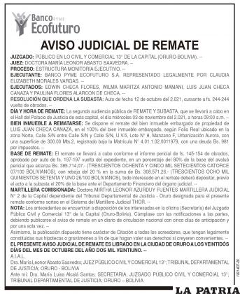 AVISO JUDICIAL DE REMATE - BANCO ECOFUTURO