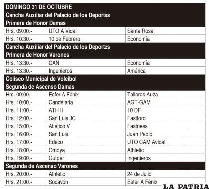 Programación de partidos Torneo Oficial de Voleibol