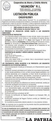 Cooperativa de Ahorro y Crédito Abierta “ASUNCIÓN” R.L. - LICITACIÓN PÚBLICA CAS/010/2021