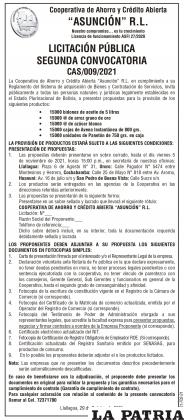 Cooperativa de Ahorro y Crédito Abierta “ASUNCIÓN” R.L. - LICITACIÓN PÚBLICA SEGUNDA CONVOCATORIA CAS/009/2021