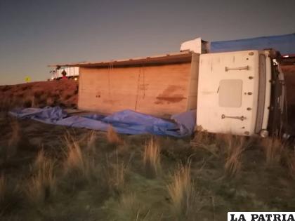 El camión con presunta mercadería de contrabando terminó volcado lateralmente / Cortesía 
