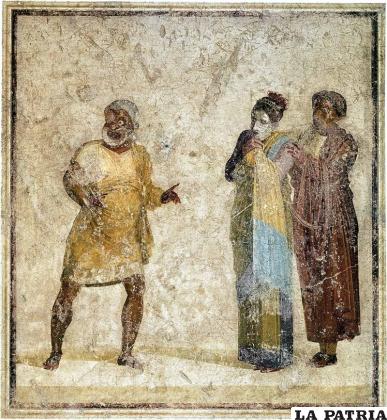 Escena de una comedia de Plauto. Pintura en el atrio de la casa de Publio Servilio Casca en Pompeya / Granger Album
