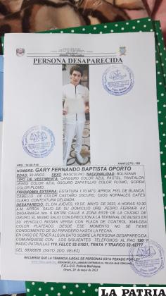 Gary desapareció el 18 de mayo luego de salir de su casa en Oruro /LA PATRIA
