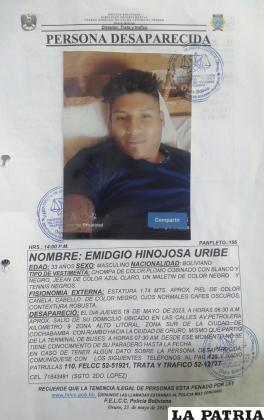 Emidgio también fue visto por última vez el 18 de mayo en Cochabamba /LA PATRIA