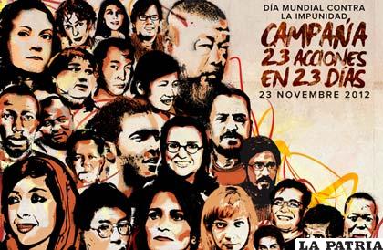 Las 23 caras representan a cientos de periodistas cuya muerte se quedó en la impunidad (ifex.org)