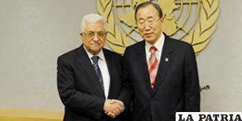 Abu Mazen y Ban Ki-Moon en la sede de Naciones Unidas