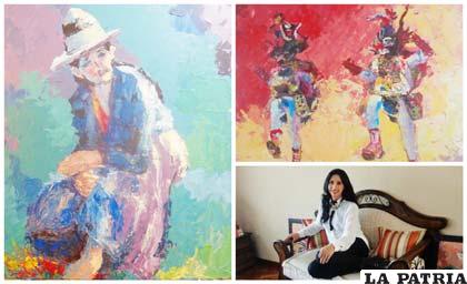 Graciela Gallardo con algunas de sus pinturas que llegaron a Estados Unidos