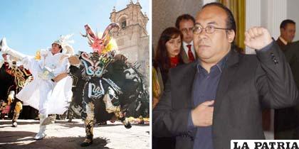 La Diablada bailada en el atrio de la catedral de Puno y el embajador Sergio Cáceres