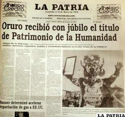 LA PATRIA reflejó el emotivo recibimiento del nombramiento al Carnaval de Oruro como Obra Maestra del Patrimonio Oral e Intangible de la Humanidad
