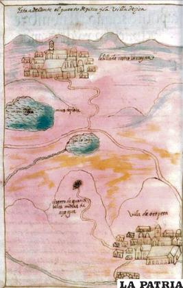Mapa del camino de la villa de Oropeza, a la villa de Castro Virreyra (Perú), y la presencia de los lagos Poopó y Titicaca