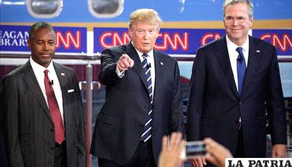 Candidatos a nominación presidencial republicana de EE.UU.; Ben Carson (izq.), Donald Trump (centro) y Jeb Bush (der.) /eldiario.es