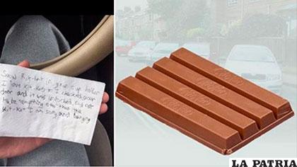 La nota dejada por el ladrón y un chocolate similar al que se llevó /24Horas.com