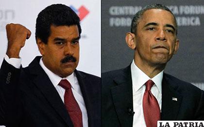 Nicolás Maduro (Izq.), presidente de Venezuela y el presidente de EE.UU., Barack Obama (Der.)