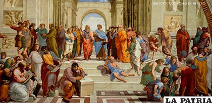 Platón y Aristóteles al fondo, en la escuela de Atenas /OBSERVATORIO FILOS?FICO MORELOS