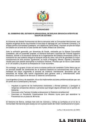 El comunicado del Gobierno en el que denuncia el supuesto golpe de Estado /Gobierno Nacional
