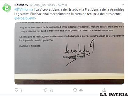 La carta de renuncia de Evo Morales /CAPTURA DE PANTALLA
