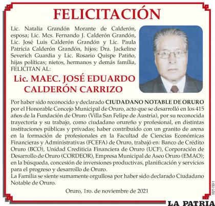 FELICITACIÓN -  Lic. MAEC. JOSÉ EDUARDO CALDERÓN CARRIZO