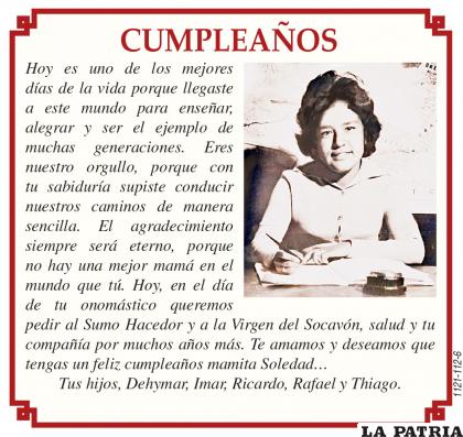Feliz cumpleaños mamita Soledad... Tus hijos, Dehymar, Imar, Ricardo, Rafael y Thiago.