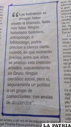 La publicación en un diario peruano que niega el origen boliviano de la diablada