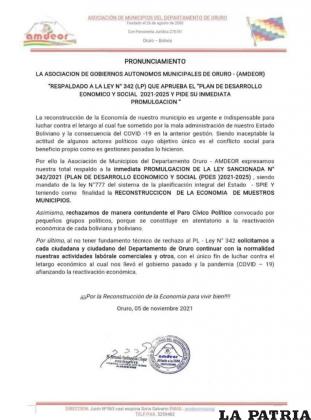 Este es el pronunciamiento que Amdeor compartió en sus redes sociales /FACEBOOK