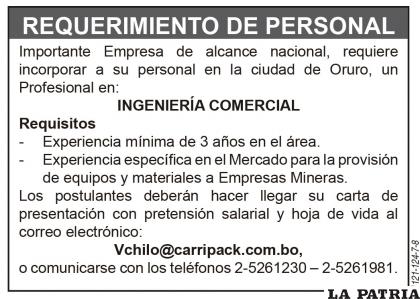 REQUERIMIENTO DE PERSONAL - INGENIERÍA COMERCIAL