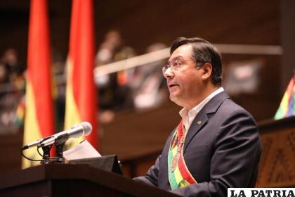 El Presidente Arce durante el informe de su primer año de Gobierno /APG