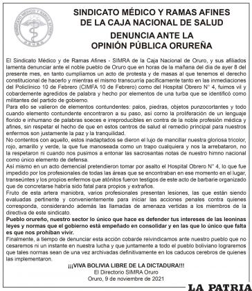 DENUNCIA ANTE LA  OPINIÓN PÚBLICA ORUREÑA - SINDICATO MÉDICO Y RAMAS AFINES DE LA CAJA NACIONAL DE SALUD