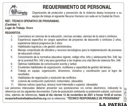 REF.: TÉCNICO OPERATIVO DE PROGRAMAS (Cantidad: 1) Lugar de Trabajo. Oruro