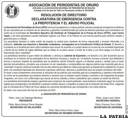 RESOLUCIÓN DE DIRECTORIO
DECLARATORIA DE EMERGENCIA CONTRA
LA PREPOTENCIA Y EL ABUSO POLICIAL
