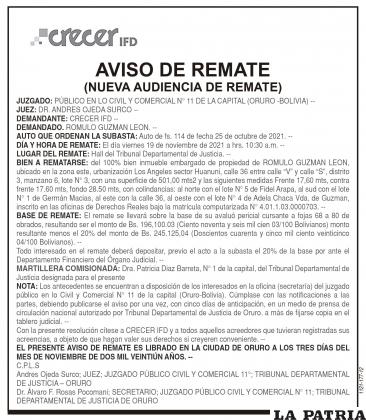 Aviso de Remate - Crecer IFD (NUEVA AUDIENCIA DE REMATE)